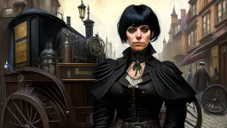 body portrait of a gothic woman with a black bob with a full fringe hairstyle, dressed in brown leather trousers, waistcoat, and gloves, in a Victorian street next to a steam carriage, full colour