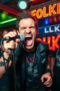 A very angry and bitter punk rocker screaming at microphone, very aggresive image in a club house, his name i FOLKE, and the name FOLKE in background