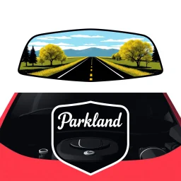 design for a shop that installs tires and does oil changes, top has elements of beautiful park highway drive on flat land with elm and poplar trees, bottom shows the engine under car hood. on windshield is written "Parkland", all inside a shield shape with squared top and rounded bottom, in the style of national parks stickers