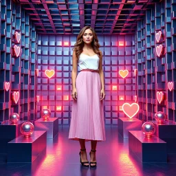 make a picture pretty stage made of metallic blue-gray teme 3d recursive cubic and sphere and heart simbol lights s base structures and a beautiful fashion model lady standing with cute in scene with sexy top and pretty pleated midi skirt ,makeup curvy long hair,dynamic camera zoom to full body and pan, dynamic lights.