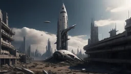 A small, long, sleek Spacecraft in a ruined alien city, surrounded by tall damaged buildings, clear sky, small white clouds, photorealistic