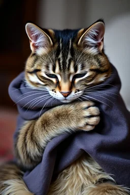 Sad cat hugging a piece of cloth