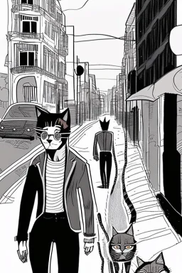 Street, two catmen walking. Graphic novel style Isabel Kreitz