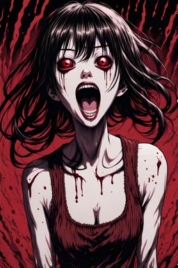 Petit woman with rare eyes, weird pose, fullbody, screaming, tears, Junji Ito style, darkred tones,