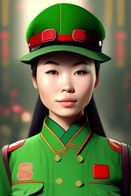 cute female chinese red guard,, green uniform with green newsboys cap, beautiful asian