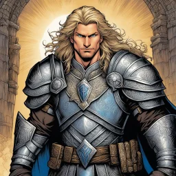 [illustration by Kevin Eastman and Peter Laird] [illustration by Kevin Eastman and Peter Laird] Markus the Paladin, a warrior of valor and righteousness. At the age of 32, he stands as a towering symbol of hope, with long flowing blond hair and piercing blue eyes that reflect his fierce determination. Clad in silver-plated armor adorned with intricate engravings, Markus carries the legendary sword Dawnbringer, a weapon of divine origin that radiates with an otherworldly light. His presence comma