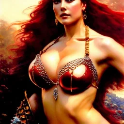 Drawing of beautiful face busty red Sonja,minimal ancient bikini armor, balanciaga fashion clothe painting by gaston bussiere, greg rutkowski, yoji shinkawa, yoshitaka amano, tsutomu nihei, donato giancola, tim hildebrandt, oil on canvas, cinematic composition, extreme detail,fit full head inside picture,16k