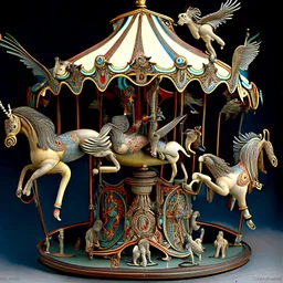 Antique circus carousel (merry go round) meticulously carved, with intricate details, showcasing a menagerie of life-size creatures moving in graceful rhythm, anatomically accurate mythological creatures like Griffins, unicorns with wings, along with large decorated rabnits, tigers, and black bears, hand painted with expressive, grotesque faces. fantastical creatures art style is flamboyant, magical, early 20th century, overexaggerated, realism, surrealistic atmosphere, grotesque, alive-like sc