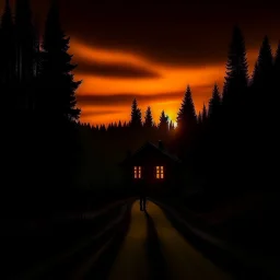 dark night, orange sunset colors in the sky, a lonely cottage with the lights off in the distance on a mountain in the woods, a lonely dark figure walking down the road