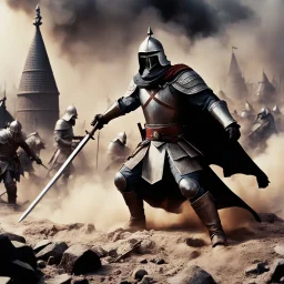 [high res photography by Ray Harryhausen] a templar in the middle of a terrible battle against chaos: fumes and dust and blood everywhere