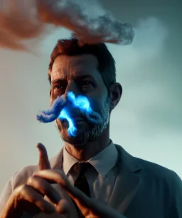 Realistic image, a guy making the fuck you gesture with his hand, blue smoke coming out of his eyes, nose and mouth. soft color, highly detailed, unreal engine 5, ray tracing, RTX, lumen lighting, ultra detail, volumetric lighting, 3d, finely drawn, high definition, high resolution.