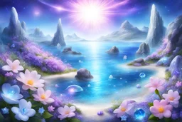 enchanted cosmic landscape in spring with bright little flowers and little gems and crystals with a crystalline sea