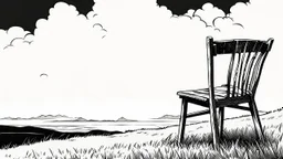 broken wooden chair, anime, monochrome, black background, ink, simple, maximum quality, broken hinge, barely functioning, centered on frame, far view, in the middle of a grassy hill, white sky with cumulonimbus