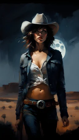 brunette curvy woman with short bob hair as a cowgirl with cutt off shorts and tank top in the desert at night in the moon light, romantic :: dark mysterious esoteric atmosphere :: digital matt painting with rough paint strokes by Jeremy Mann Carne Griffiths Leonid Afremov, black canvas