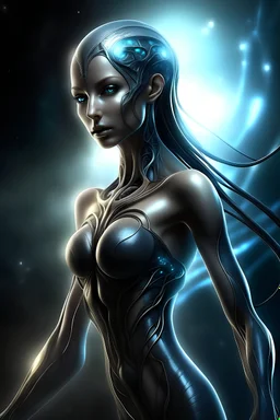 gorgeous female humanoid alien, stepping out of darkness, slender muscular body, looking over shoulder at the sky, tentacles, coper zinc orichalcum jewelry and piercings, beautiful face, mesmerizing starry eyes, smooth translucent skin, hourglass, size DD.