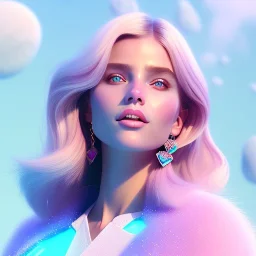 A portrait of a crystalised beautifull girl,smiling, laughting, white longs hairs, atmospheric, realistic,, cinematic lighting, octane render,, pink turquoise light, blue eyes nice, soft face, jewejs brillants