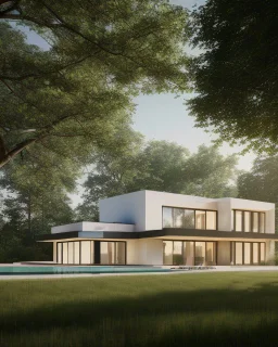 Architectural drawing of a luxurious modern country house, trees, people and cars, complementary colors