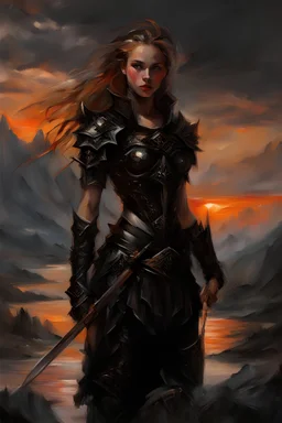 A formidable warrior girl in black armor, on the background Amazing gloomy landscape, flooded with sunset, mountains, trees, fabulous scary hero, , juicy emotions, painting, dark fantasy, gloomy day, dark world, portrait, by Anna Razumovskaya