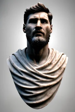 Ultra Realistic image, roman sculpture, white marble material, Lionel Messi, Laurel leaves wreath, miguel angel style, chisel style, emperador, waist up portrait, ultra hd, perfect texture, epic, celestial, cinematic lighting, God light, god rays, 4k resolution, smooth details, ornate details, soft lighting, unreal engine 5, low relief, marble background.