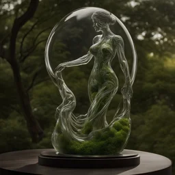 A hyper-detailed, high-definition, macro photograph showcasing the transparent glass sculpture of a woman, meticulously crafted to depict her entire body. The intricate details capture every curve and contour, highlighting the delicate craftsmanship. Inside the glass figure, a mesmerizing nature environment unfolds, with lush green landscapes, vibrant flowers, and serene waterfalls. The clarity of the glass allows for seamless visibility, giving a surreal and awe-inspiring view of this captivati