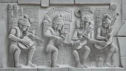 futuristic, realistic,tecno musicians, mayan drawings on white stone