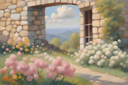 sunny day, clouds, mountains, stone wall, flowers, spring trees, spring influence, rocks, distant house, very epic, wilfrid de glehn, jenny montigny, and rodolphe wytsman impressionism paintings