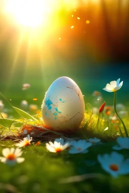 Broken eggshell and a beam of light coming out from it; soft meadow covered in flowers, smooth and lightful