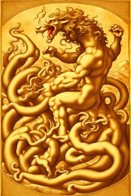 Hercules fighting the hydra in the style of alchemical art