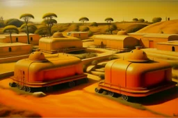 An orange colored military base with tanks painted by Henri Rousseau