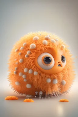 Microscope photography of a crying cute bacteria furry orange character from Planet Mercury , photorealistic, 3D, unreal engine, octane render, intricate details, Studio Professional Photography, Top Light, 35mm lens, on flat white background centered