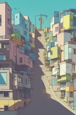 Bauhaus city street, sloped street, city on tall hillside, street scene, cel - shading, 2 0 0 1 anime, flcl, jet set radio future, golden hour, Swedish town, concentrated buildings, swedish neighborhood, electrical wires, cel - shaded, strong shadows, vivid hues, y 2 k aesthetic