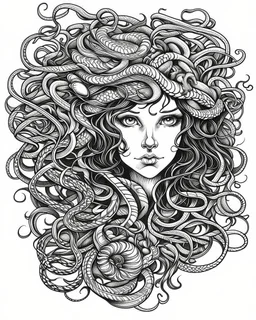 realistic medusa tattoo idea, line art, background, vector, svg, black outline on white background, leave plenty of white space beetween lines for coloring, tattoo style, tattoo idea