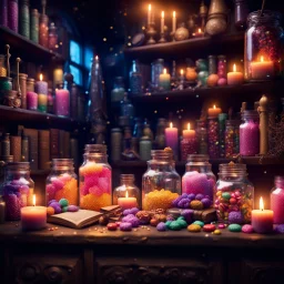 magic shop, magical treats and candy in jars, magical books and wands everywhere very dark room, candle light, bright vibrant colors, glowing sparkle particles, dark tone, sharp focus, high contrast, 8k resolution, incredible depth, shallow depth of field, dramatic lighting, beautifully intricate details, clean environment, epic dynamic scene