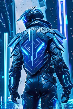 cyberpunk, neon blue, high technology, geometric figures, orbiting figures, cyberpunk suit, black and blue, epic, rain, neon blue suit, geometric figures orbiting around suit, exosuit, male