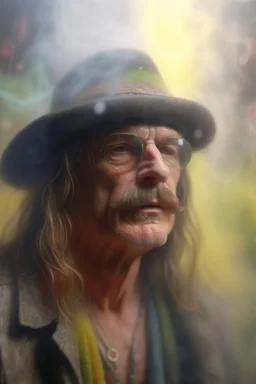 hyper real oil painting portrait of psychedelic kid rock showering himself inside a smoke cloud in slimy bubbles and gelatinous background, zeiss prime lens, bokeh like f/0.8, tilt-shift lens 8k, high detail, smooth render, down-light, unreal engine, prize winning