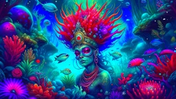 The image depicts a digital painting of a humanoid figure with an intricate headdress. The figure is surrounded by coral and sea plants, and there are red eyes visible in the artwork. The background features an underwater setting, with a forest of plants and an underwater castle.