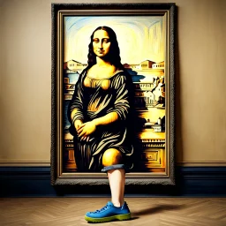 A painting of Mona Lisa on the wall, the frame with shorts and Crocs attached to her human legs