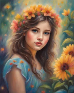 Oil pastel painting of a beautiful girl, floral dress, fantasy, cute face, close-up face, dream, forest, sparkles background, glow, beautiful, oil pastel painting, fantasy art, fairy, young girl, beautiful portrait painting, flowers, colorful, inspired by Thomas Kinkade, fine art, 8k