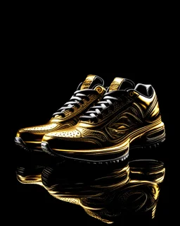 a sneaker made out of gold, black background, studio lighting, high fashion photography