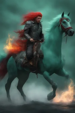 full body, head to toe, 3D, the anthropomorphic black Chinese Indian werewolf Horse with Long wavy, curly (((red hair))) and bright, (((sea-green eyes))), breathing fire, resembles Elvis Presley - full color - 32k, UHD, 1080p, 8 x 10, glossy professional quality digital photograph - dark foggy gradated background, historic, powerful, octane rendering, exquisite detail, 30 - megapixel, 4k, 85 - mm - lens, sharp - focus, intricately - ((skin details, high detailed skin texture