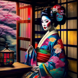 Generate an image of a beautiful geisha wearing a colorful kimono in a tea house