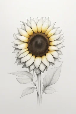A Minimalist white ink pencil and white drawing of white and very light yellow in the center a sunflower in a white background