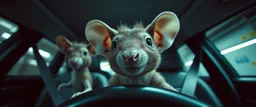 extreme close up on cheeky fluffy rat elf family scumbag in the car in the style of Escher and Giger and Fallout 4, pinhole cam, airbrush 3d rendering, on tv screen:A five-second cinematic single take in a clean industrial presentation hall.