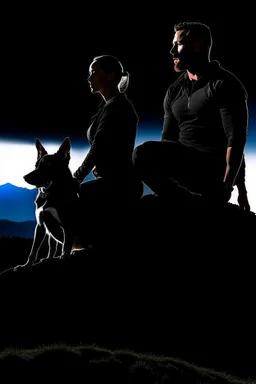 Black background on a mountaintop. A silhouette of a fit man and a silhouette of a fit woman sitting close to each other. A silhouette of a Belgian malinois somewhere close to them. There are three slouches in the picture, a man, a woman, and a dog.