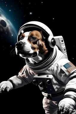 dog in the space suit flying in the universe