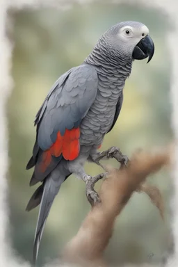 beautiful congo African grey parrot with striking colours, sitting on a branch, thick abstract like brush strokes - cement like texture of oil paint, 8k quality, realistic oil painting