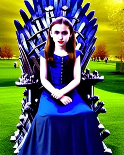 A young vampire girl sitting on a great iron throne,