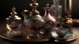 generate me an aesthetic complete image of Perfume Bottle with Whimsical Tea Set