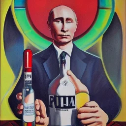 Putin with vodka bottle painting art deco