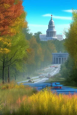 The city of Madison, Wi, as it would be depicted in the Fallout series of video games. Photorealistic, color